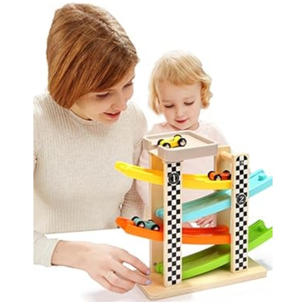 Top Bright Wooden Toddler Race Track Car Ramp Toy with 4 Mini Cars